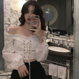 Womens Off Shoulder Top Long Sleeve Ruffle Vintage Blouse With Puff Sleeves Lace Up Ladies Tops Bandage Crop Tops Black White