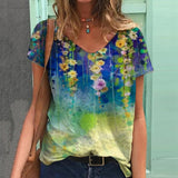 Graphic T-Shirts Women Summer 3D Flower Print V-Neck Short Sleeve Tee Shirts Casual Loose Oversized T-Shirt Y2K Top Plus Size