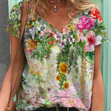 Graphic T-Shirts Women Summer 3D Flower Print V-Neck Short Sleeve Tee Shirts Casual Loose Oversized T-Shirt Y2K Top Plus Size