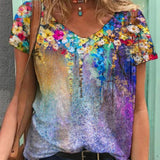 Graphic T-Shirts Women Summer 3D Flower Print V-Neck Short Sleeve Tee Shirts Casual Loose Oversized T-Shirt Y2K Top Plus Size
