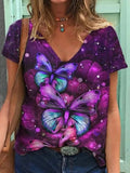 Graphic T-Shirts Women Summer 3D Flower Print V-Neck Short Sleeve Tee Shirts Casual Loose Oversized T-Shirt Y2K Top Plus Size