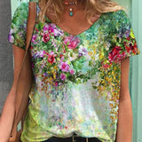 Graphic T-Shirts Women Summer 3D Flower Print V-Neck Short Sleeve Tee Shirts Casual Loose Oversized T-Shirt Y2K Top Plus Size