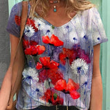 Graphic T-Shirts Women Summer 3D Flower Print V-Neck Short Sleeve Tee Shirts Casual Loose Oversized T-Shirt Y2K Top Plus Size