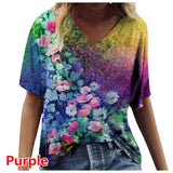 Graphic T-Shirts Women Summer 3D Flower Print V-Neck Short Sleeve Tee Shirts Casual Loose Oversized T-Shirt Y2K Top Plus Size