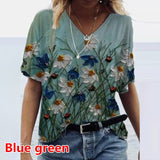 Graphic T-Shirts Women Summer 3D Flower Print V-Neck Short Sleeve Tee Shirts Casual Loose Oversized T-Shirt Y2K Top Plus Size