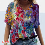 Graphic T-Shirts Women Summer 3D Flower Print V-Neck Short Sleeve Tee Shirts Casual Loose Oversized T-Shirt Y2K Top Plus Size