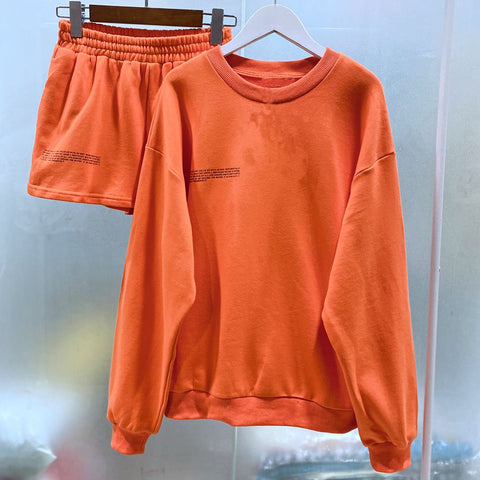 Solid Round Neck Pullovers Sweatshirts and Short Two Pieces Sets Women Autumn Suits Clothing
