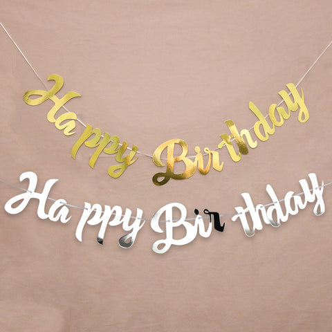 Gold Silver Happy Birthday Banner Bunting Just Married Hang Garland Wedding Party Decor Banner Home Party Baby Shower Decoration