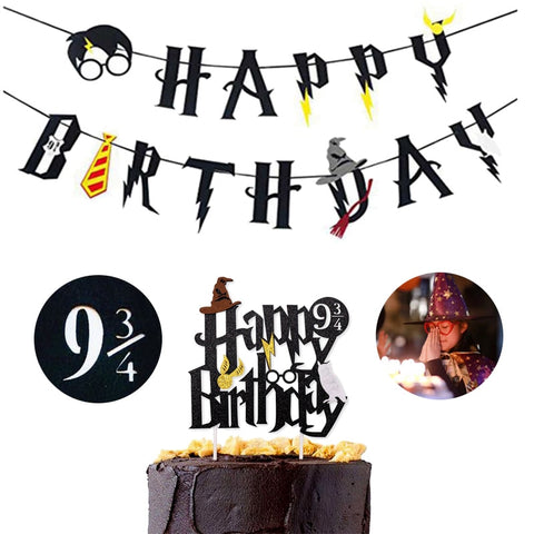Harry Potter Happy Birthday Banner Cake Topper Hogwarts Flags Bunting for Baby Kids Favors Magic theme Birthday Party Decoration
