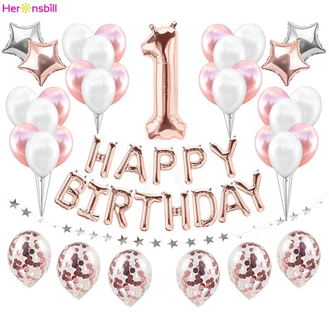 First Happy Birthday Rose Gold Balloon Banner My 1st 1 One Year Party Decorations Kids Baby Boy Girl Adult Garland Supplies Blue